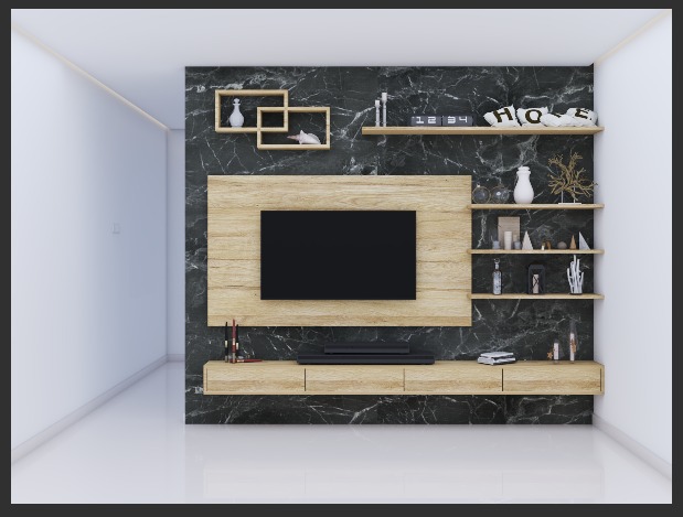 Modern TV unit interior works by Decor Interior – stylish home interior company in Marthandam