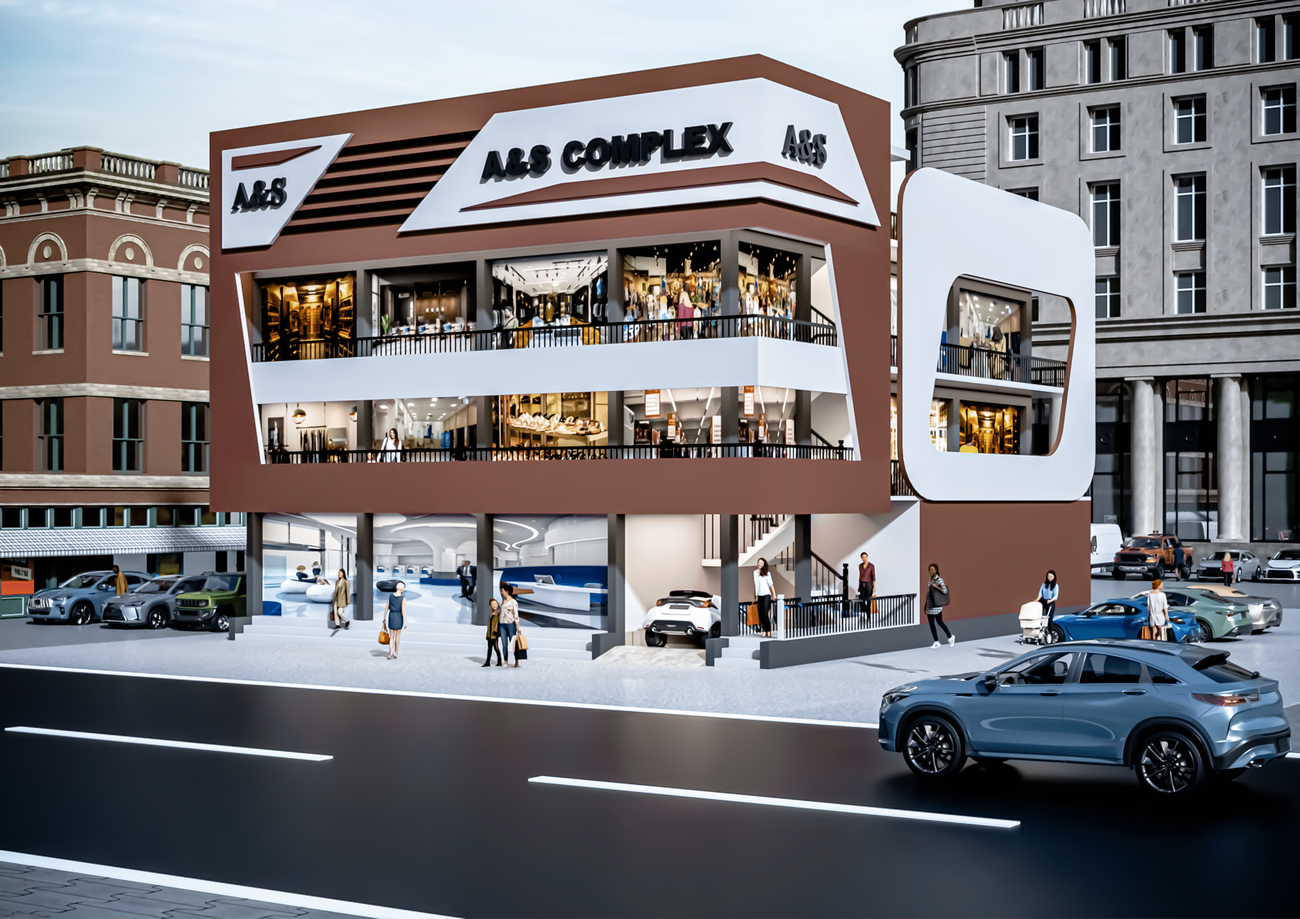 Complex exterior design with layered façade, premium finishes, balcony detailing, and modern outdoor lighting by Decor Interior