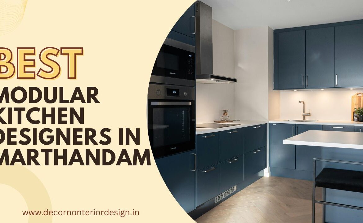 Modern blue modular kitchen design by Decor Interior, showcasing premium layout from the best modular kitchen designers in Marthandam.
