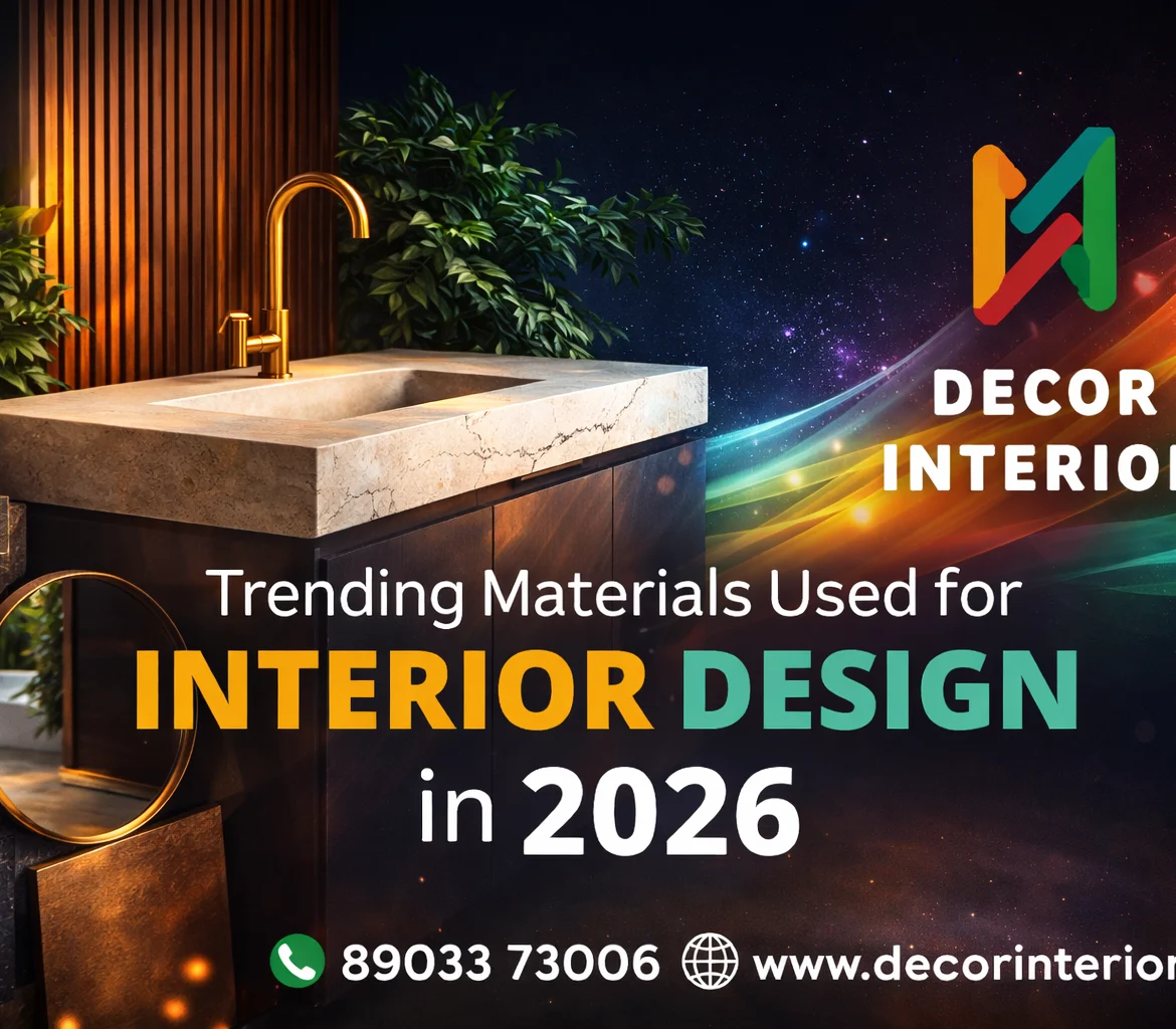 Trending materials used for interior design in 2026 featuring modern kitchen, luxury interiors, and Decor Interior branding with contact details.