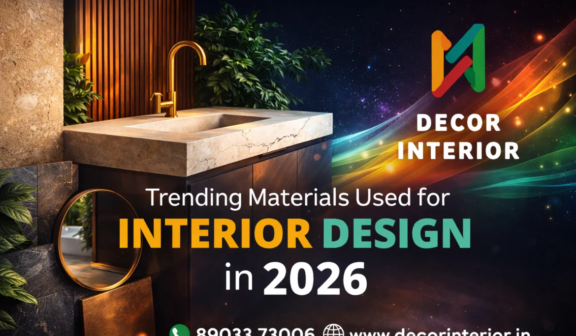 Trending materials used for interior design in 2026 featuring modern kitchen, luxury interiors, and Decor Interior branding with contact details.