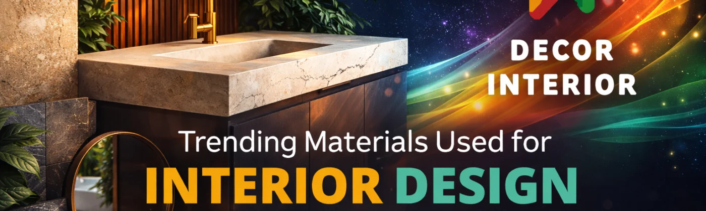 Trending materials used for interior design in 2026 featuring modern kitchen, luxury interiors, and Decor Interior branding with contact details.