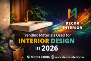 Trending materials used for interior design in 2026 featuring modern kitchen, luxury interiors, and Decor Interior branding with contact details.