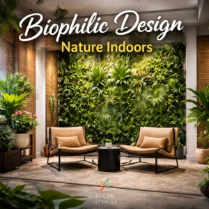 biophilic interior design with indoor plants natural lighting green wall modern living room 2026 trends