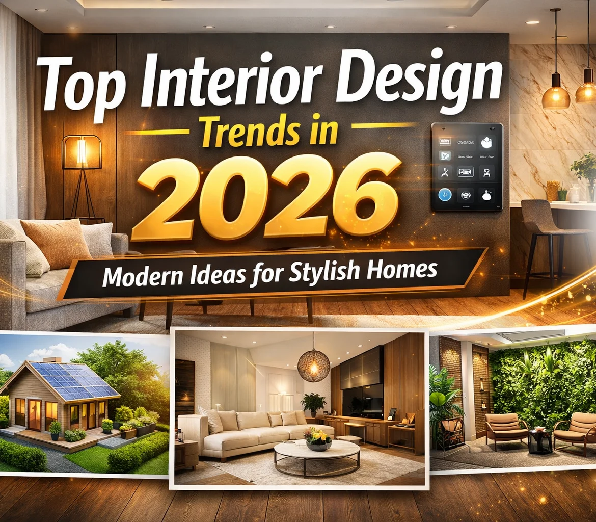 Modern interior design trends 2026 collage featuring eco-friendly design, earthy color palette, smart home technology, textured walls, and biophilic interiors