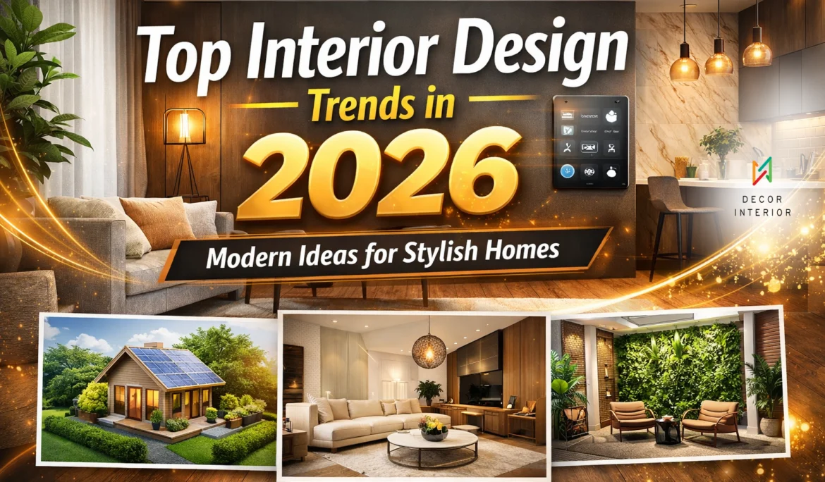 Modern interior design trends 2026 collage featuring eco-friendly design, earthy color palette, smart home technology, textured walls, and biophilic interiors