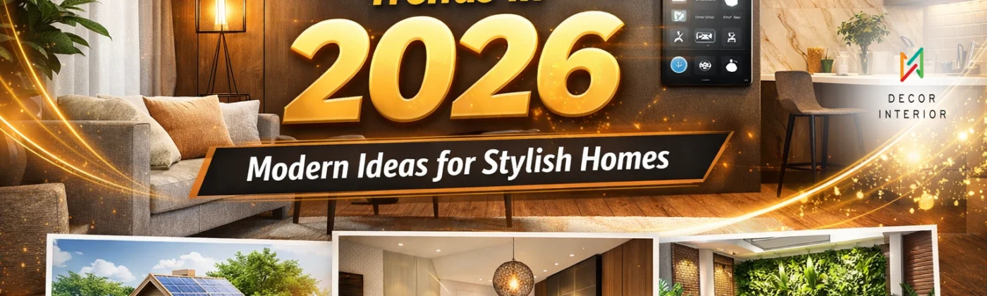 Modern interior design trends 2026 collage featuring eco-friendly design, earthy color palette, smart home technology, textured walls, and biophilic interiors